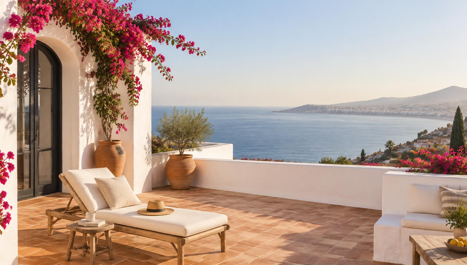 Whitewashed terrace overlooking the Mediterranean in Málaga